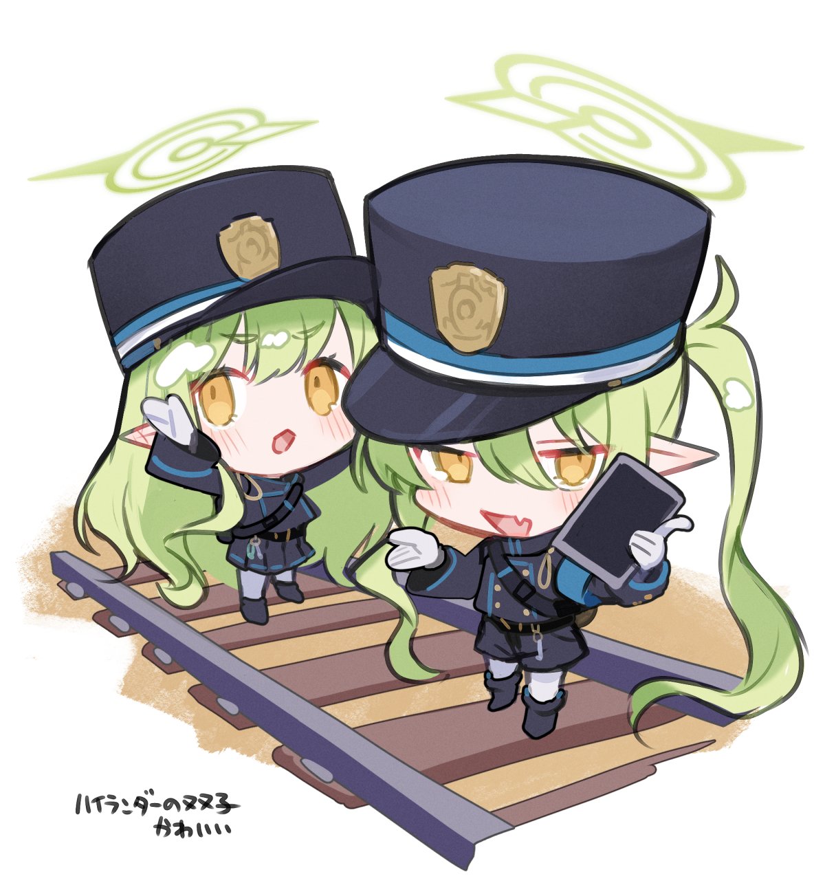 2girls black_footwear black_hat blue_archive blush boots character_request chibi fang full_body gloves green_hair hair_between_eyes halo hat highres holding holding_tablet_pc long_hair long_sleeves looking_at_viewer multiple_girls nuudoru open_mouth orange_eyes pantyhose pointy_ears railroad_tracks shorts simple_background skin_fang skirt standing tablet_pc twintails very_long_hair white_background
