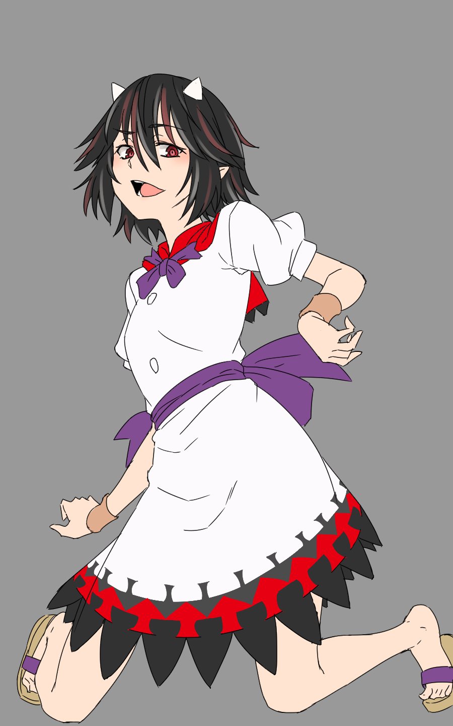 1girl black_hair brown_footwear commentary highres horns kakone kijin_seija looking_at_viewer multicolored_hair one-hour_drawing_challenge open_mouth pointy_ears red_hair sandals short_hair short_sleeves simple_background solo streaked_hair touhou white_hair