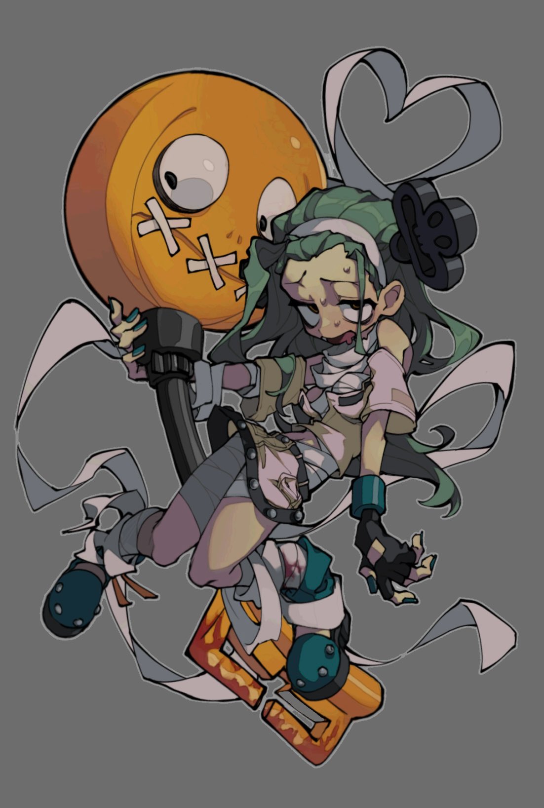 1girl a.b.a bags_under_eyes bandaged_arm bandaged_chest bandaged_leg bandages black_gloves breasts brown_eyes drooling fingerless_gloves full_body gloves green_hair grey_background guilty_gear guilty_gear_strive highres holding key key_in_head long_hair looking_at_viewer medium_breasts mouth_drool nail_polish object_through_head open_mouth paracelsus shoes simple_background skirt stitched_mouth stitches sweat tub7eegxp34en1g