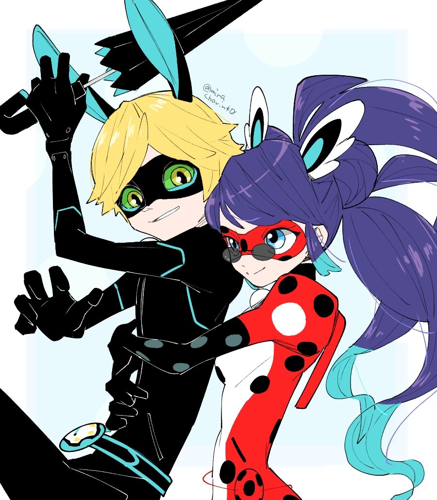 adrien_agreste animal_ears black_bodysuit black_mask blonde_hair blue_eyes blue_hair bodysuit chat_noir closed_mouth glasses head_wings holding holding_umbrella hug hug_from_behind long_hair marinette_dupain-cheng miracharink0 miraculous_ladybug pennybug_(character) rabbit_ears red_bodysuit red_mask simple_background slit_pupils smile superhero_costume twintails umbrella wings