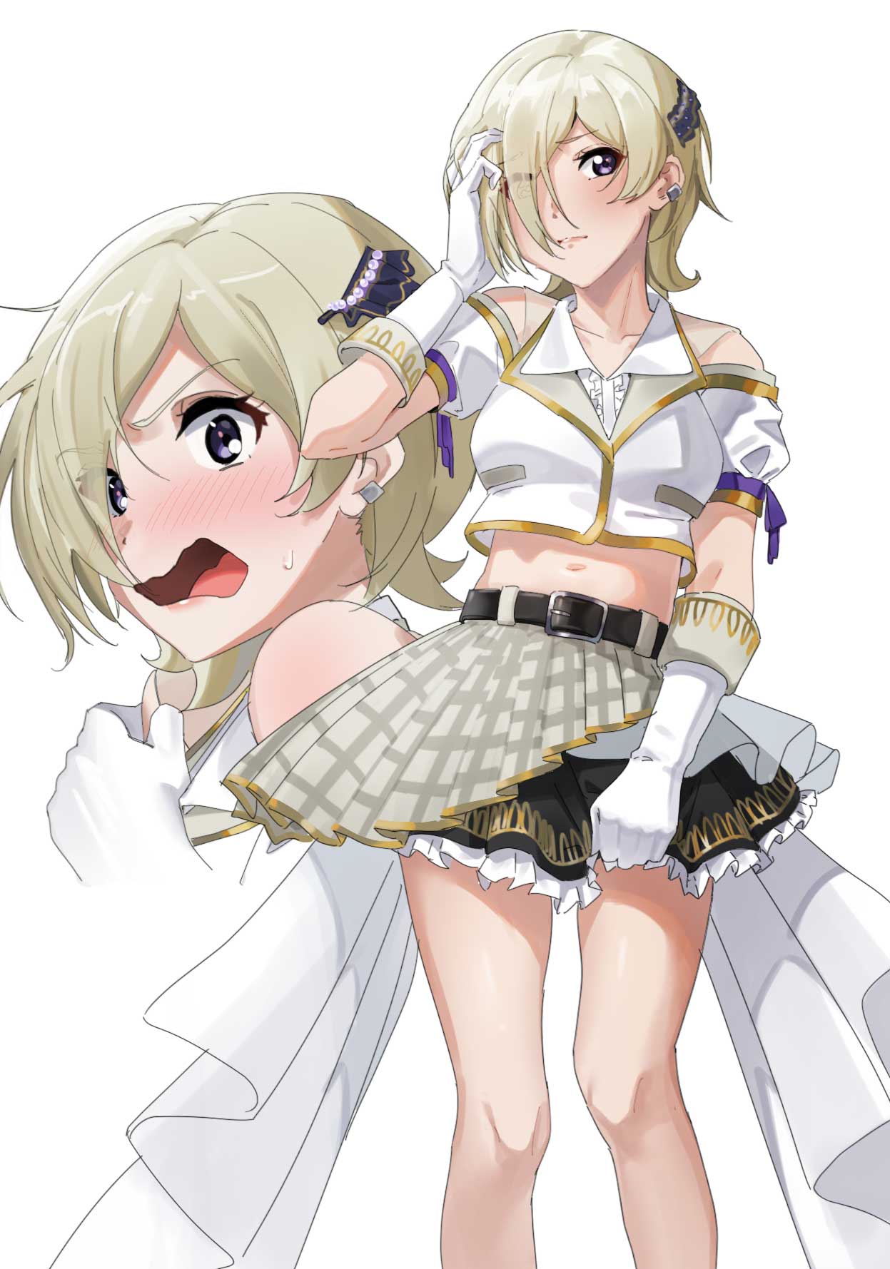 0364p 1girl belt black_belt black_skirt blonde_hair blush center_frills closed_mouth collarbone collared_shirt commentary_request cropped_jacket ear_piercing embarrassed frills gloves grey_shirt hair_ornament hair_over_one_eye highres jacket layered_skirt looking_at_viewer love_live! love_live!_nijigasaki_high_school_idol_club love_live!_school_idol_festival_2 mia_taylor midriff multiple_views navel open_mouth piercing purple_eyes shirt short_hair sidelocks skirt standing sweat upper_body wavy_mouth white_background white_gloves white_jacket white_shirt