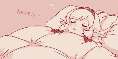1girl blanket blue_archive blush closed_eyes closed_mouth comforter gloves hairband head_on_pillow himari_(blue_archive) holding holding_blanket long_hair long_pointy_ears lowres lying maibotsumou mole mole_under_eye monochrome oekaki on_back pointy_ears red_theme sleeping smile solo translation_request under_covers upper_body