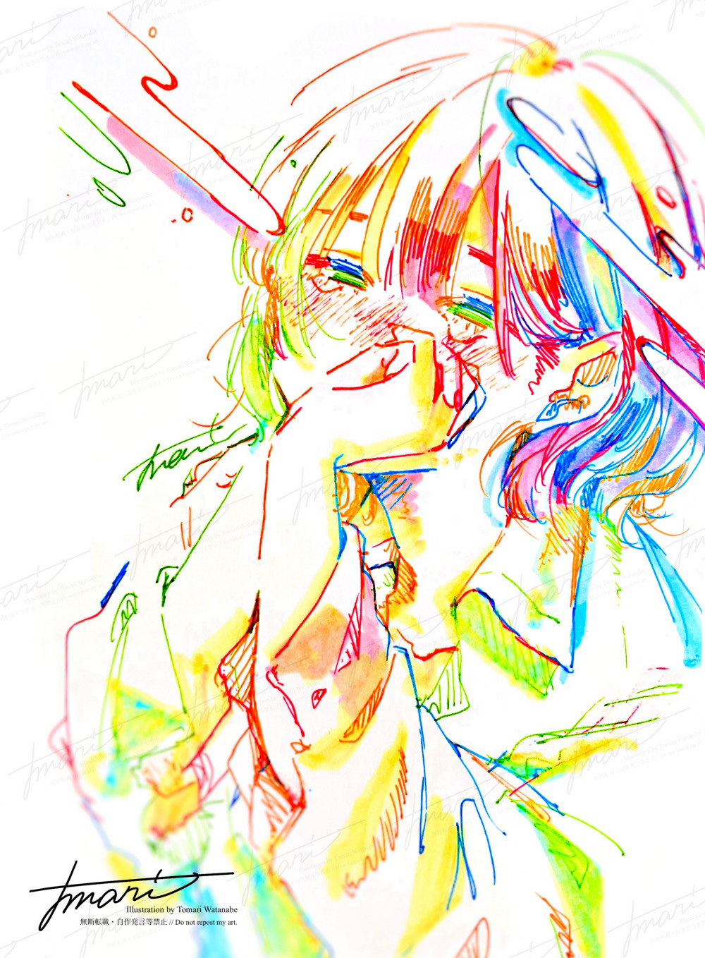 1girl artist_name blush collared_shirt colorful commentary_request covered_mouth hands_up highres long_sleeves looking_at_viewer medium_hair original own_hands_clasped own_hands_together shirt signature solo tears traditional_media upper_body watanabe_tomari watermark white_background