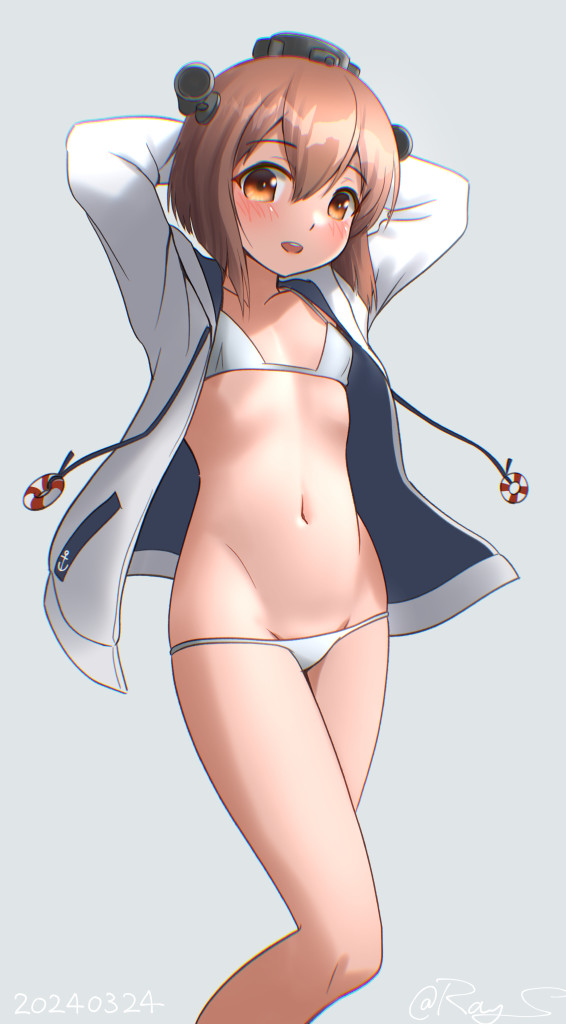 1girl alternate_costume arms_behind_head bikini breasts brown_eyes brown_hair drawstring feet_out_of_frame grey_background groin headgear hood hooded_jacket jacket kantai_collection lifebuoy_ornament lowleg lowleg_bikini navel one-hour_drawing_challenge open_clothes open_jacket open_mouth ray.s round_teeth short_hair simple_background small_breasts solo speaking_tube_headset swimsuit teeth upper_teeth_only white_bikini yukikaze_(kancolle)