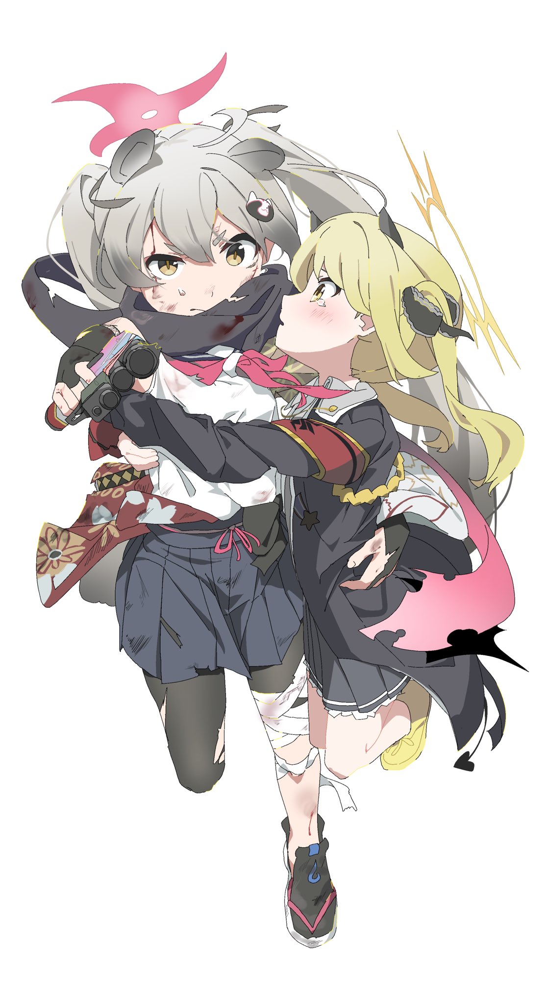 2girls animal_ears bandaged_leg bandages blonde_hair blue_archive bruise crying crying_with_eyes_open demon_horns fuyubone grey_hair gun hadanugi_dousa halo highres holding holding_gun holding_weapon horns ibuki_(blue_archive) injury looking_at_another looking_at_viewer michiru_(blue_archive) multiple_girls ninja pink_halo pump_action raccoon_ears raccoon_girl remington_870 shotgun tears weapon yellow_eyes yellow_halo