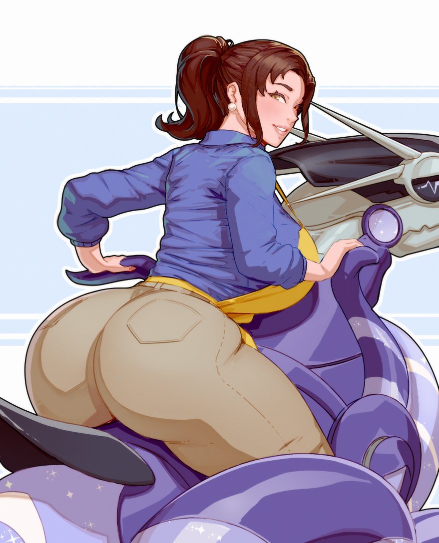 1girl apron ass blue_shirt breasts brown_eyes brown_hair brown_pants earrings huge_ass jewelry large_breasts light_blush looking_at_viewer materclaws mature_female miraidon paldea_mother pants parted_lips pearl_earrings pokemon pokemon_(creature) pokemon_sv ponytail riding riding_pokemon shirt smile thick_thighs thighs turning_head yellow_apron