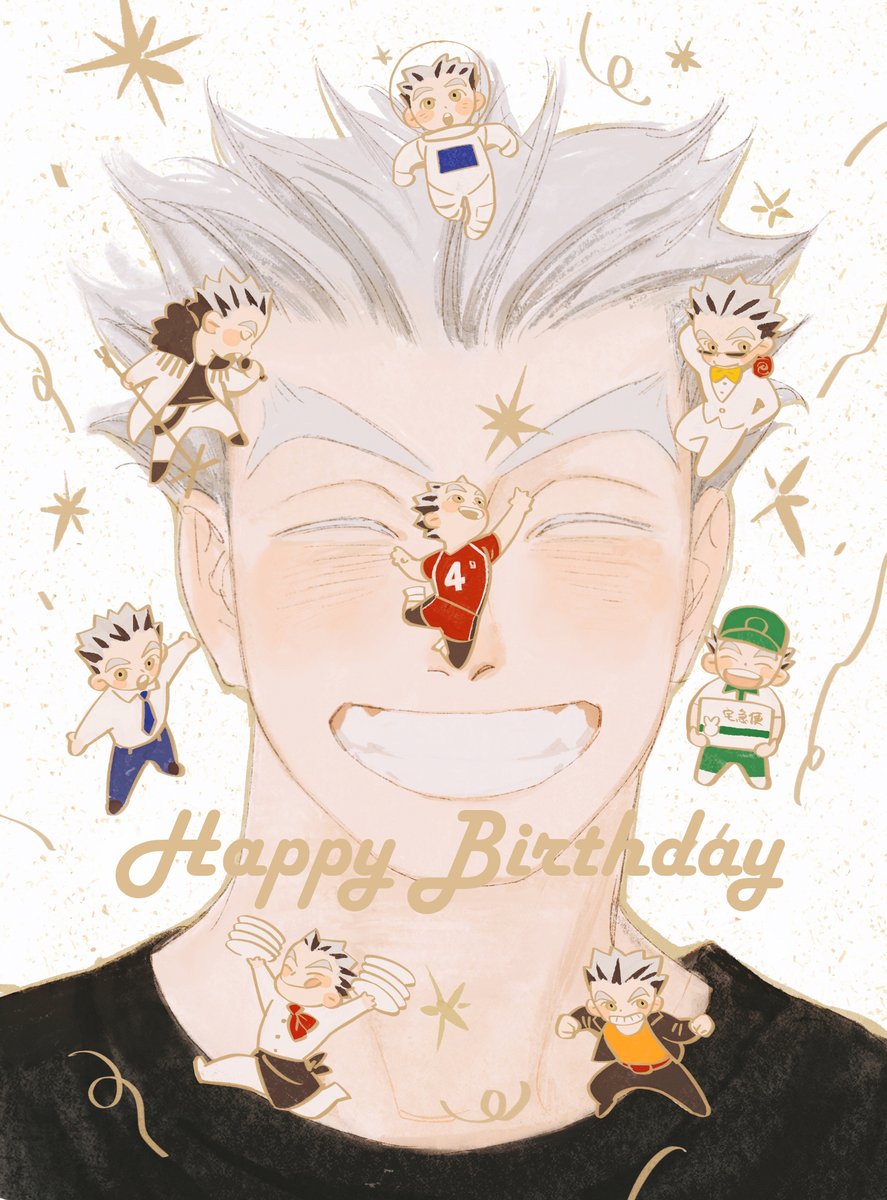 1boy astronaut black_shirt bokuto_koutarou chef chengongzi123 chibi closed_eyes colored_eyelashes confetti english_text facing_viewer grey_hair grin haikyuu!! happy_birthday hashtag_only_commentary highres male_focus multicolored_hair multiple_views portrait shirt short_hair smile sportswear streaked_hair thick_eyebrows very_short_hair volleyball_uniform