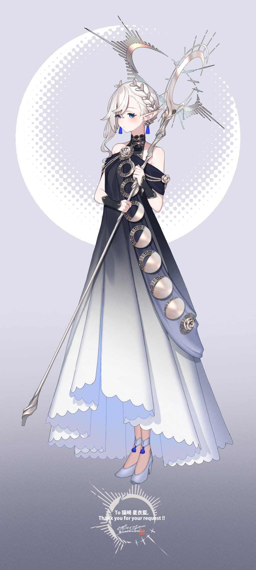 1girl asymmetrical_bangs black_dress blonde_hair blue_eyes commission dress earrings full_body gradient_dress halo high_heels highres holding holding_staff jewelry looking_at_viewer original pointy_ears skeb_commission solo staff standing two-tone_dress white_dress zenmaibook