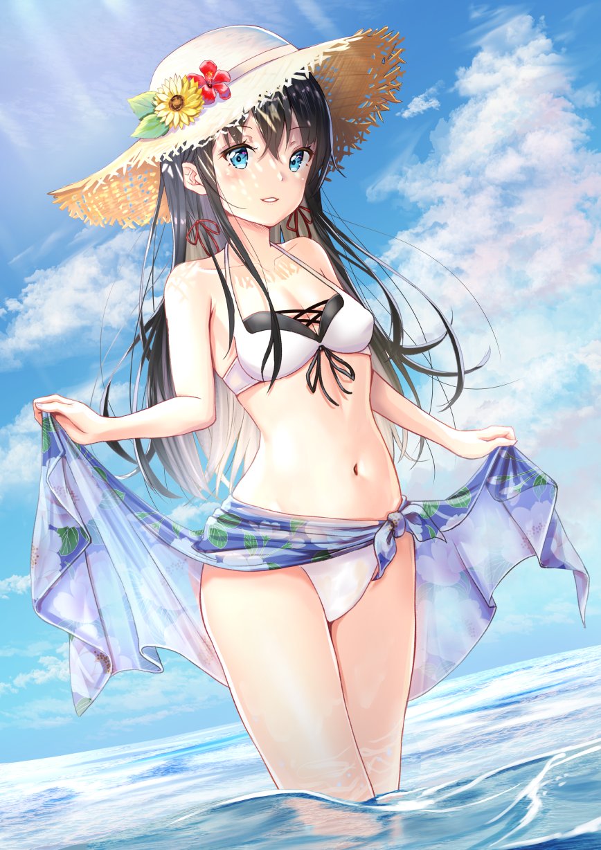 1girl bikini bikini_skirt black_hair blue_eyes breasts cleavage collarbone day dutch_angle flower flower_on_head hat highres layered_bikini long_hair looking_at_viewer nanashi_(74_nanashi) navel ocean outdoors parted_lips partially_submerged red_ribbon ribbon skirt_hold sky small_breasts solo standing straw_hat swimsuit thighs white_bikini yahari_ore_no_seishun_lovecome_wa_machigatteiru. yukinoshita_yukino