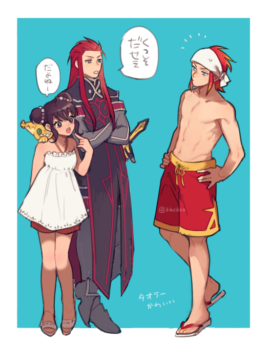 1girl 2boys abs anise_tatlin asch_(tales) black_hair blue_background blue_eyes border commentary_request double_bun dress flip-flops full_body hair_bun long_hair luke_fon_fabre medium_hair meiji_(pecosyr5) multiple_boys open_mouth outside_border red_hair red_shorts sandals sheath sheathed shorts simple_background speech_bubble standing sword tales_of_(series) tales_of_the_abyss tokunaga_(tales) toned toned_male translation_request weapon white_border white_dress yellow_trim