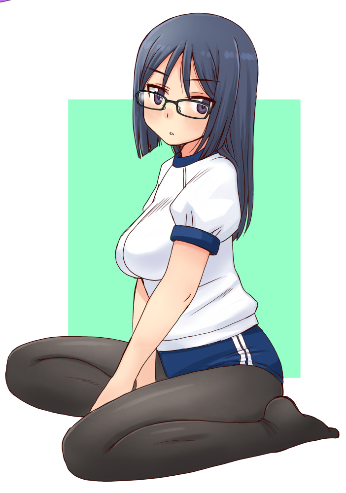 1girl black_pantyhose blue_buruma blush border breasts buruma character_request copyright_request dot_nose from_side full_body glasses green_background gym_shirt gym_uniform head_tilt jitome long_hair looking_at_viewer medium_breasts open_mouth outdoors pantyhose purple_eyes shirt short_sleeves sitting smile solo uona_telepin white_background white_border white_shirt