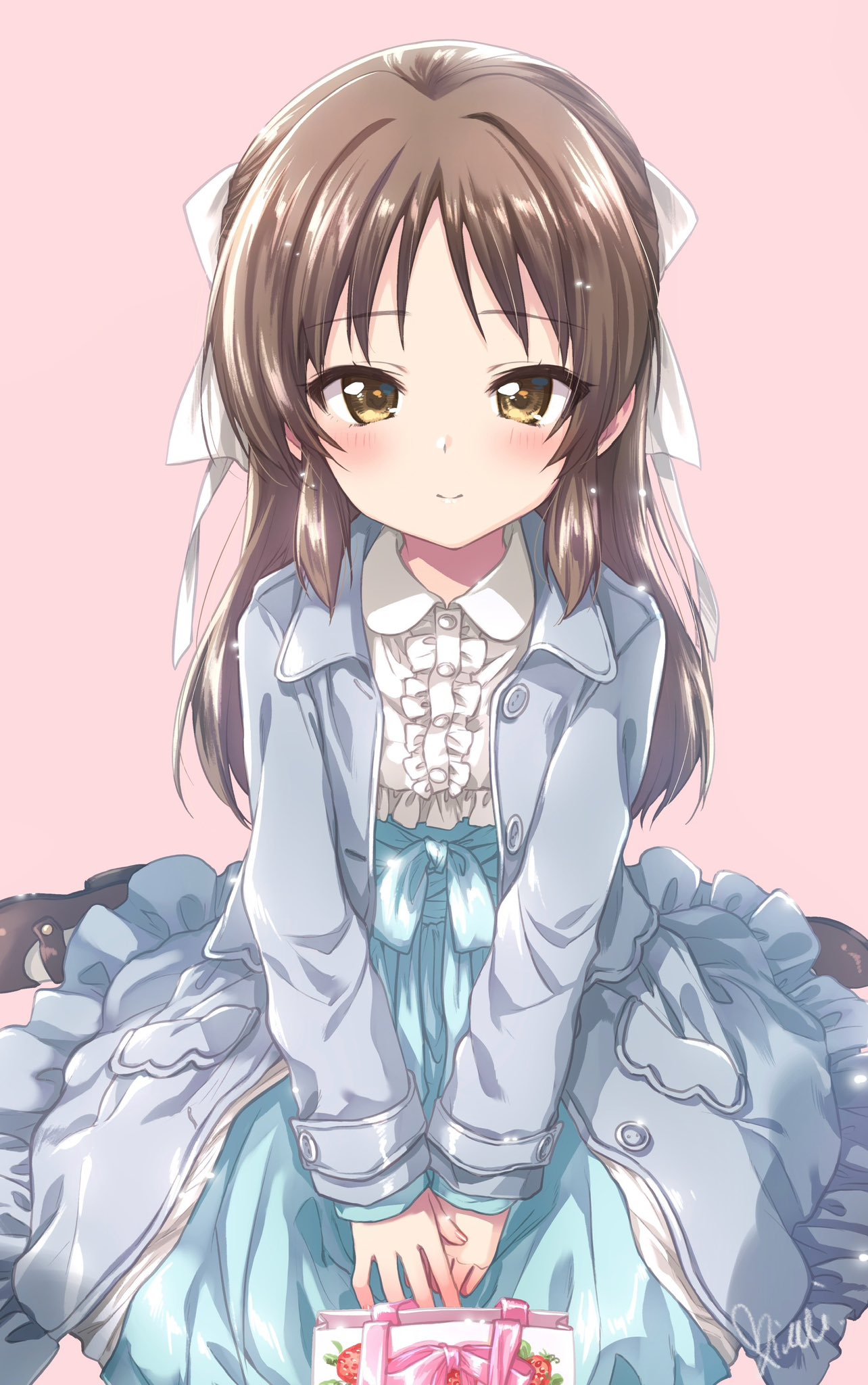 1girl blue_coat blue_skirt blush bow brown_eyes brown_footwear brown_hair buttons coat commentary_request flat_chest food_print frilled_shirt frills hair_bow highres idolmaster idolmaster_cinderella_girls kuroi_mimei long_hair long_sleeves looking_at_viewer open_clothes open_coat pink_background pink_ribbon ribbon shirt sidelocks signature sitting skirt smile solo strawberry_print tachibana_arisu wariza white_bag white_bow white_shirt