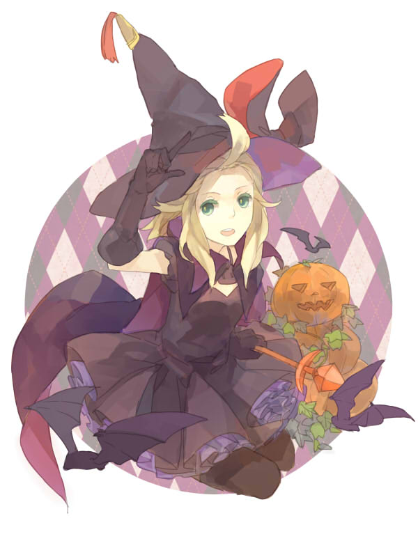 1girl ahoge argyle_background arm_up bat_(animal) black_dress black_gloves black_thighhighs blonde_hair bravely_default:_flying_fairy bravely_default_(series) cape commentary_request dress edea_lee elbow_gloves frilled_dress frills gloves green_eyes halloween hat jack-o'-lantern jpeg_artifacts long_hair looking_at_viewer pantyhose pointing pointing_up pumpkin purple_background round_image seiza shrie sitting solo thighhighs white_background witch witch_hat