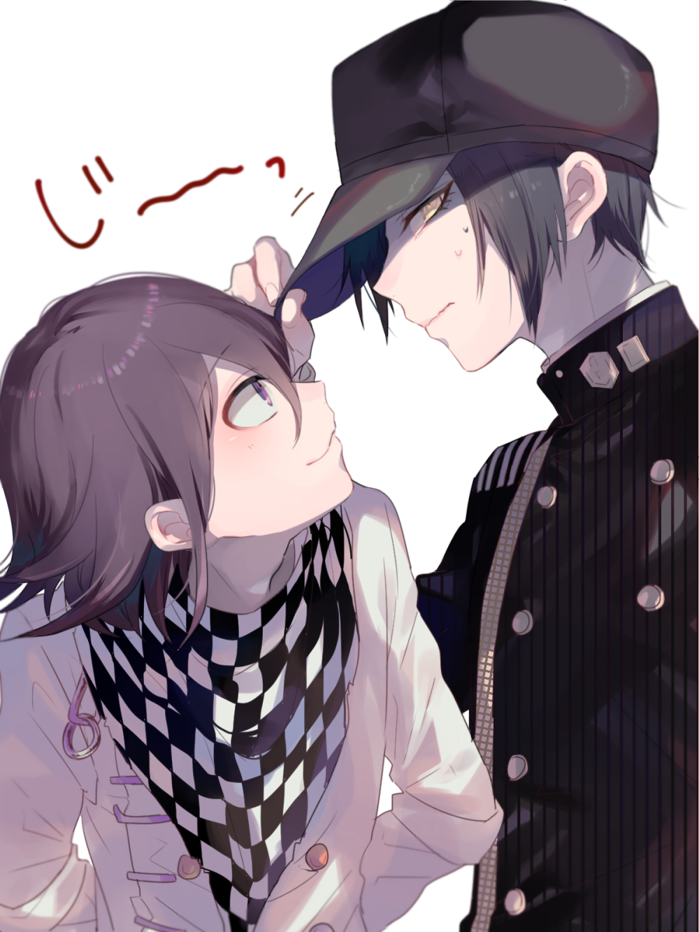 2boys 3103vv arm_belt arms_behind_back baseball_cap belt black_hair black_hat black_jacket black_scarf black_sleeves buttons checkered_clothes checkered_scarf closed_mouth collared_jacket collared_shirt commentary_request danganronpa_(series) danganronpa_v3:_killing_harmony double-breasted eye_contact eyelashes face-to-face fingernails hand_on_headwear hat high_collar highres jacket layered_sleeves leaning_forward long_sleeves looking_at_another male_focus motion_lines multiple_boys oma_kokichi partial_commentary pinstripe_jacket pinstripe_pattern purple_eyes purple_hair saihara_shuichi scarf shirt short_hair simple_background smile sweat two-tone_scarf upper_body wavy_mouth white_background white_belt white_jacket white_scarf white_shirt yellow_eyes