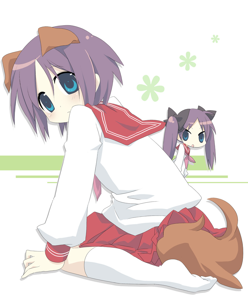 2girls animal_ears black_ribbon blue_eyes commentary_request dog_ears dog_tail floral_print from_side full_body hair_ribbon hiiragi_kagami hiiragi_tsukasa kneehighs light_blush long_hair long_sleeves looking_at_viewer lucky_star medium_hair multiple_girls neckerchief no_shoes open_mouth pleated_skirt purple_hair red_neckerchief red_skirt ribbon ryouou_school_uniform school_uniform serafuku shirt siblings sisters sitting skirt socks tail twins twintails very_long_hair wariza white_background white_shirt white_socks yuzuki_gao