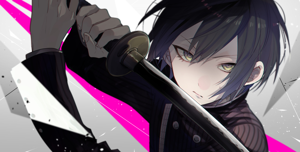 1boy 3103vv black_jacket black_sleeves blue_hair buttons closed_mouth collared_jacket collared_shirt commentary_request danganronpa_(series) danganronpa_v3:_killing_harmony double-breasted eyelashes fingernails frown hair_between_eyes high_collar holding holding_sword holding_weapon jacket katana layered_sleeves long_sleeves looking_at_viewer male_focus partial_commentary pinstripe_jacket pinstripe_pattern saihara_shuichi shirt short_hair simple_background solo striped_clothes striped_shirt sweatdrop sword triangle upper_body v-shaped_eyebrows vertical-striped_clothes vertical-striped_shirt weapon white_background white_shirt yellow_eyes