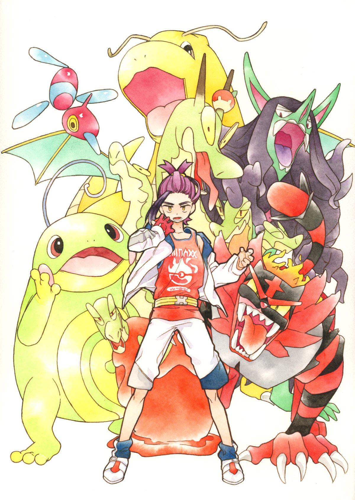 1boy black_hair blue_socks dragonite full_body gloves grimmsnarl highres hydrapple incineroar jacket kieran_(pokemon) long_sleeves male_focus mole mole_on_neck multicolored_hair open_clothes open_jacket open_mouth orange_eyes pokemon pokemon_(creature) pokemon_sv politoed porygon-z purple_hair red_gloves red_tank_top sharp_teeth shoes shorts simple_background single_glove socks standing tank_top teeth tongue urano_ritsu white_background white_footwear white_jacket