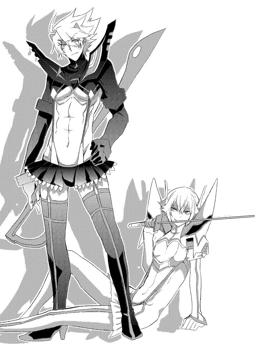 blazblue cosplay crossover greyscale hair_ornament highres jin_kisaragi junketsu katana kill_la_kill kiryuuin_satsuki kiryuuin_satsuki_(cosplay) legs matoi_ryuuko matoi_ryuuko_(cosplay) monochrome multiple_boys ragna_the_bloodedge scissor_blade senketsu short_hair siblings spiked_hair suspenders sword thighhighs weapon zettai_ryouiki