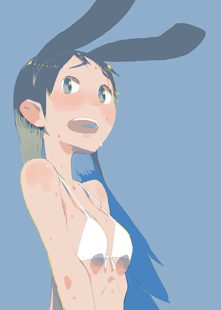 1girl animal_ears arms_at_sides bare_arms bare_shoulders bikini black_eyes black_fur black_hair blue_background blush breasts breasts_squeezed_together dot_nose extra_ears furrowed_brow hara_(pencilpen) highres long_hair open_mouth original portrait rabbit_ears simple_background small_breasts solo sweat swimsuit tareme teeth upper_teeth_only wet white_bikini