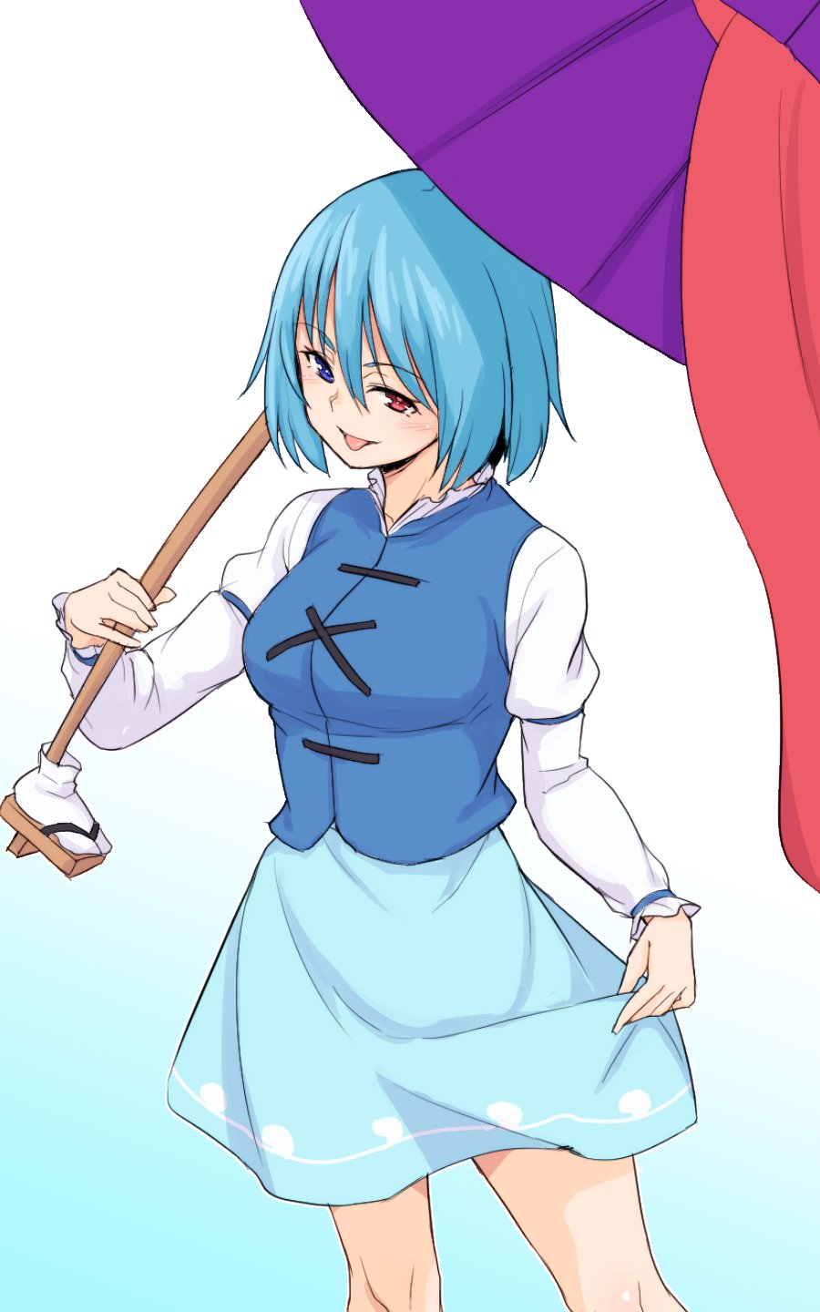 1girl blue_eyes blue_hair breasts commentary gradient_background heterochromia highres holding holding_umbrella juliet_sleeves kakone karakasa_obake long_sleeves looking_at_viewer one-hour_drawing_challenge open_mouth puffy_sleeves purple_umbrella red_eyes short_hair simple_background solo tatara_kogasa tongue touhou umbrella