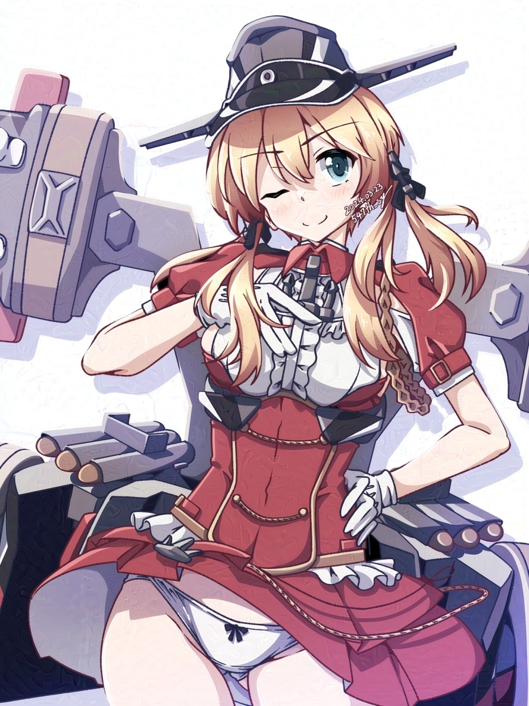 1girl 547th_sy anchor_hair_ornament aqua_eyes ass_visible_through_thighs blonde_hair cosplay gloves hair_ornament hat highres kantai_collection long_hair low_twintails luigi_di_savoia_duca_degli_abruzzi_(kancolle) luigi_di_savoia_duca_degli_abruzzi_(kancolle)_(cosplay) machinery military_uniform name_connection one_eye_closed panties peaked_cap prinz_eugen_(kancolle) red_shirt shirt simple_background smile solo twintails underwear uniform upper_body white_background white_gloves white_panties