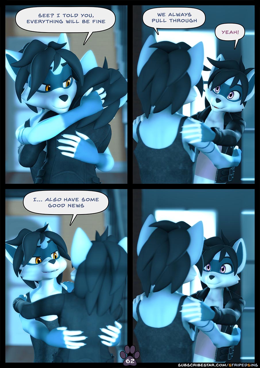 3d_(artwork) anthro armpit_hair black_hair blue_body blue_fur body_hair bottomwear brother_(lore) brother_and_sister_(lore) bulge clothed clothing comic denim denim_bottomwear denim_clothing dialogue digital_media_(artwork) duo embrace eyes_closed felix_(striped_sins) female fur hair hand_on_butt hand_on_shoulder happy hi_res hug jacket jeans joyful leather leather_clothing leather_jacket leather_topwear lift_up male mammal markings open_clothing open_jacket open_topwear orange_eyes pants procyonid purple_eyes raccoon ryder_(striped_sins) shirt sibling_(lore) sister_(lore) smile smiling_at_partner speech_bubble striped_markings striped_sins striped_tail stripes t-shirt tail tail_markings tank_top topwear wholesome willitfit