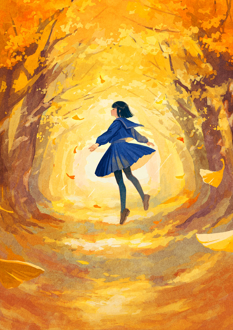 1girl autumn black_hair blue_skirt blunt_bangs brown_footwear closed_eyes facing_to_the_side floating floating_clothes forest full_body ginkgo_tree leaf leggings long_sleeves nature original outdoors pleated_skirt sailor_collar school_uniform skirt solo tami_yagi tree