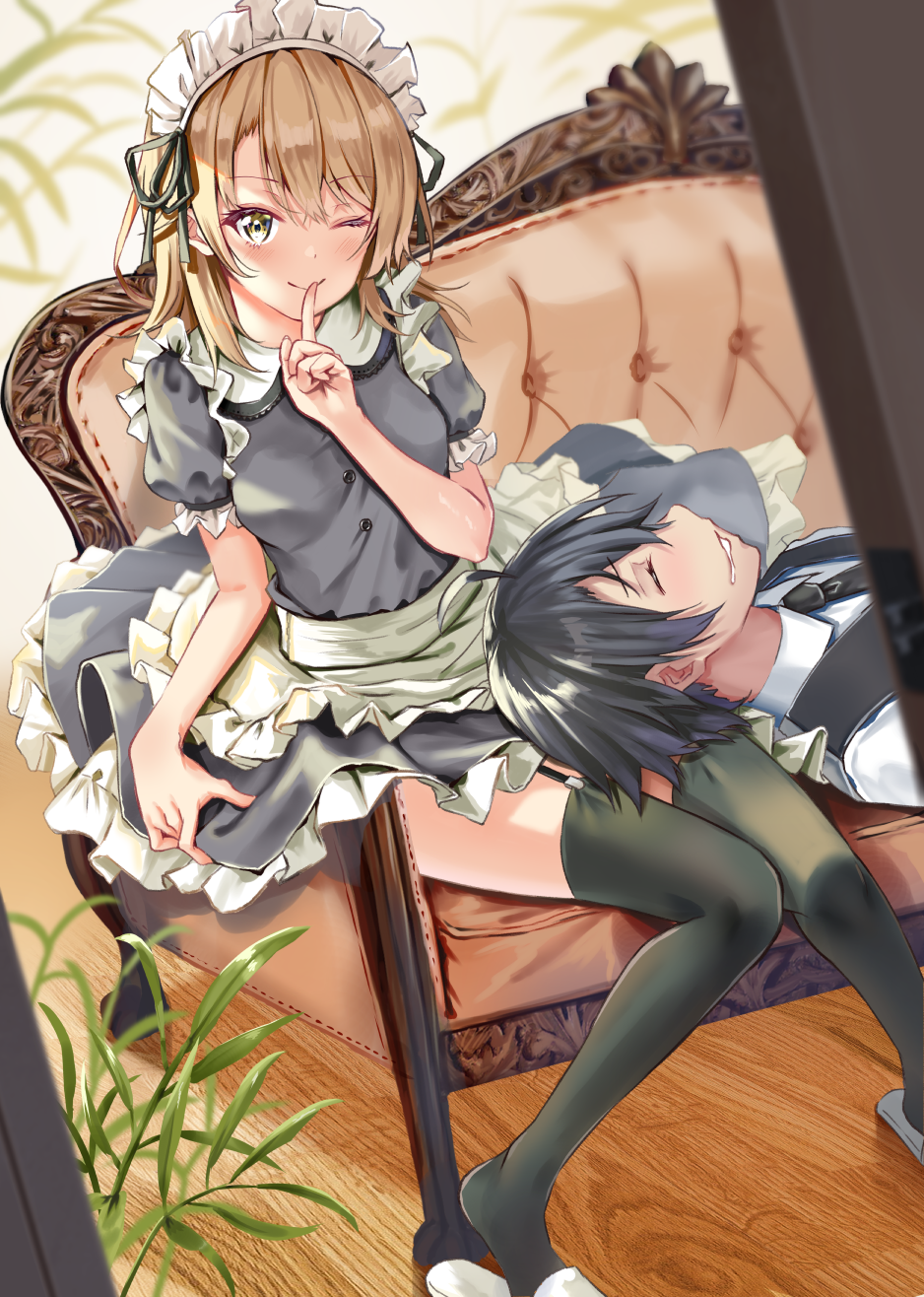 1girl alternate_costume apron black_dress black_necktie black_thighhighs black_vest blonde_hair breasts butler closed_eyes collared_shirt dress drooling enmaided finger_to_mouth frilled_apron frills highres hikigaya_hachiman indoors isshiki_iroha lap_pillow looking_at_viewer lying maid maid_apron maid_headdress nanashi_(74_nanashi) necktie on_back one_eye_closed puffy_sleeves shirt short_hair sitting sleeping slippers small_breasts thighhighs thighs vest waist_apron white_apron white_shirt yahari_ore_no_seishun_lovecome_wa_machigatteiru. yellow_eyes zettai_ryouiki