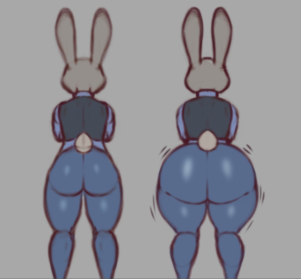 anthro big_butt butt butt_expansion clothing disney expansion female glistening glistening_body grey_background grey_body judy_hopps lagomorph leporid looking_away mammal mr_dark_and police police_uniform rabbit rabbit_ears rear_view simple_background solo standing tail thick_thighs tight_clothing topwear uniform vest zootopia