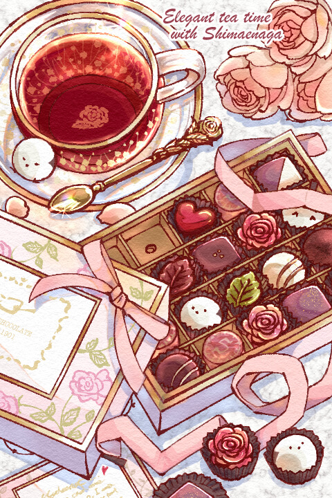 ._. black_tea box box_of_chocolates candy chocolate commentary_request cup floral_print flower food food_focus heart leaf long-tailed_tit no_humans original pink_flower pink_ribbon pink_rose ribbon rose saucer spoon sweets tea teacup tit_(bird) user_dxgt3288