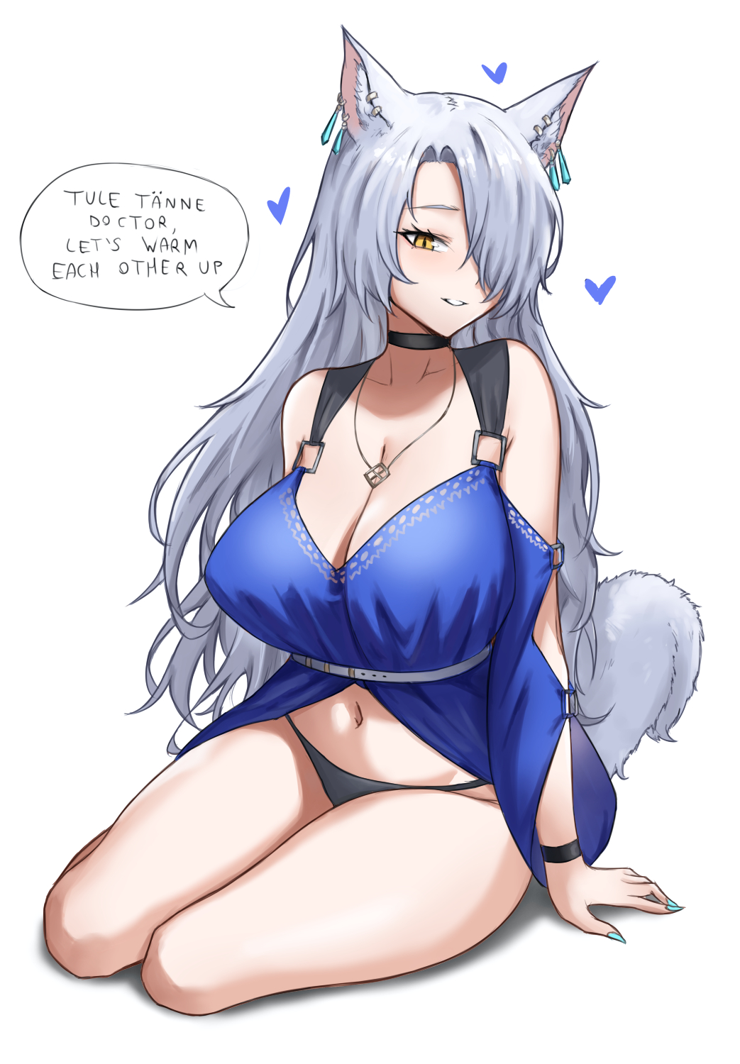 1girl animal_ear_fluff animal_ear_piercing animal_ears aqua_nails arknights babydoll bare_shoulders black_choker black_panties blue_babydoll breasts cat_ears cat_girl cat_tail choker cleavage english_text fangs_(fangs_art) fingernails full_body grey_hair grey_tail hair_over_one_eye heart highres huge_breasts jewelry long_hair looking_at_viewer nail_polish navel necklace one_eye_covered panties santalla_(arknights) sharp_fingernails simple_background sitting smile solo speech_bubble tail underwear white_background yellow_eyes yokozuwari