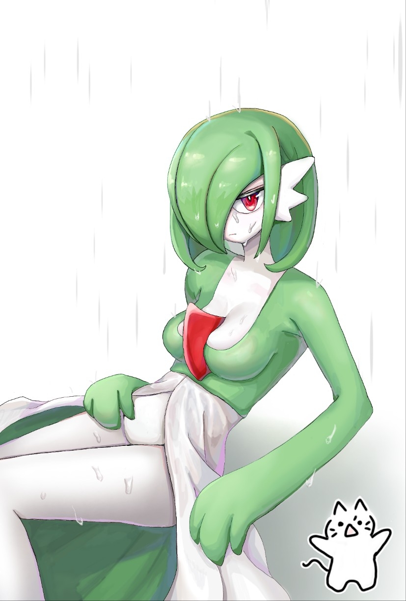 1girl bob_cut breasts bright_pupils closed_mouth colored_skin commentary english_commentary gardevoir green_hair green_skin groin hair_over_one_eye half-closed_eyes highres lalan leaning_back looking_at_viewer medium_breasts multicolored_skin one_eye_covered pokemon pokemon_(creature) rain red_eyes short_hair sidelocks simple_background sitting solo thighs two-tone_skin water_drop wet wet_hair white_background white_pupils white_skin