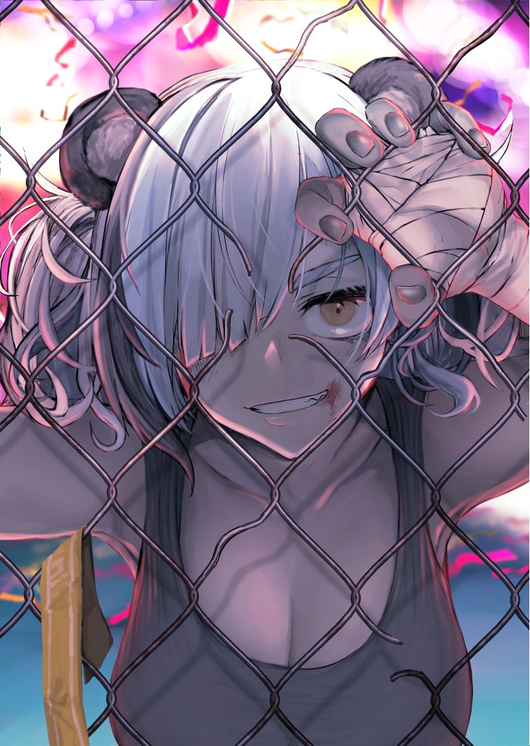 1girl against_fence animal_ears arknights bandaged_hand bandages bare_shoulders blood blood_on_face breasts chain-link_fence cleavage commentary feater_(arknights) feater_(dojo_star)_(arknights) fence fingernails gomio_(bb-k) grey_sports_bra grin hair_over_one_eye long_bangs looking_at_viewer medium_hair official_alternate_costume one_eye_covered orange_eyes panda_ears smile solo sports_bra symbol-only_commentary thick_eyebrows upper_body white_hair