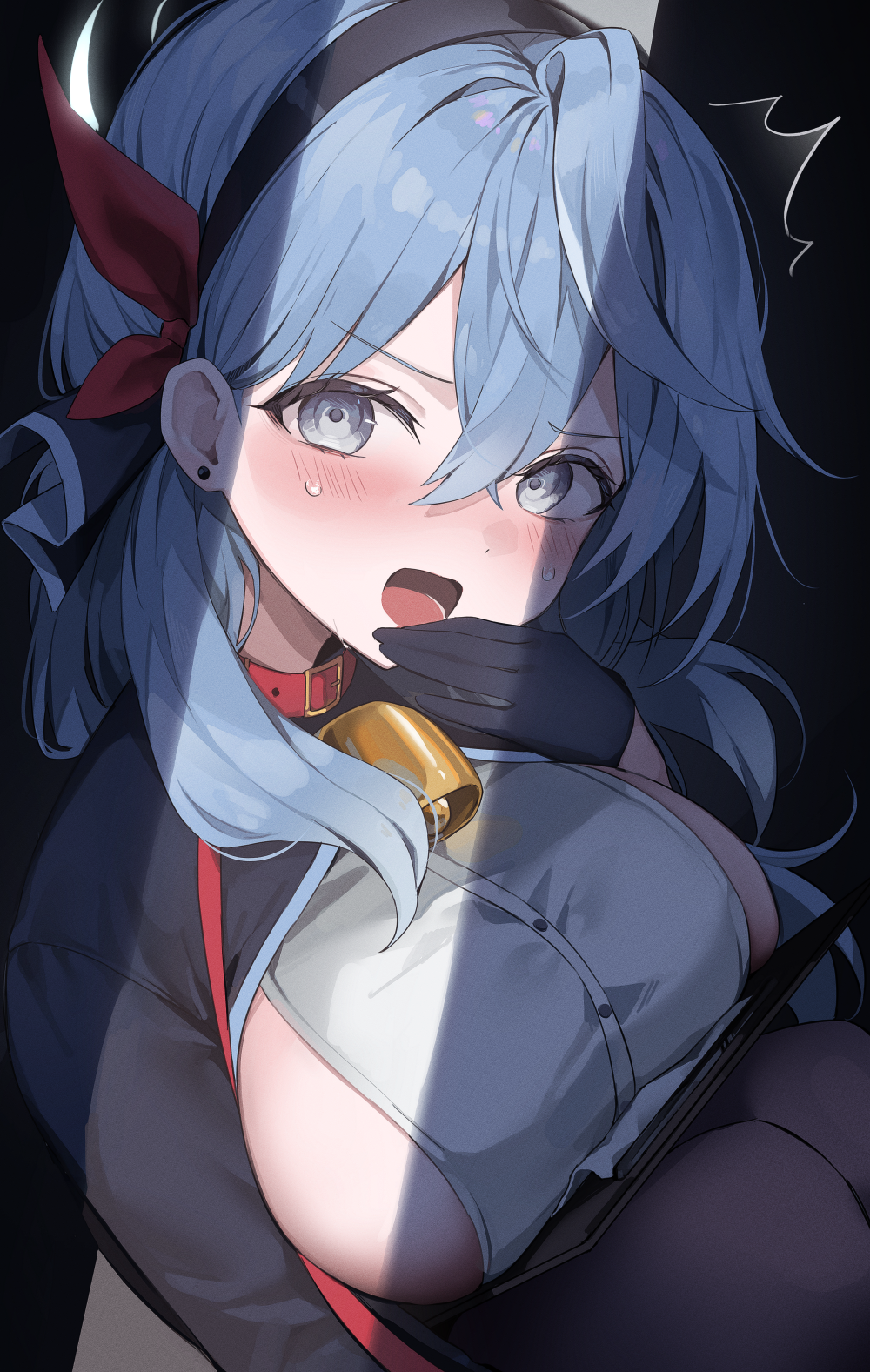 1girl ^^^ ako_(blue_archive) bell black_gloves blue_archive blue_eyes blue_hair blush breasts chimyo collar commentary_request covering_own_mouth gloves hair_between_eyes hairband half_gloves halo hand_over_own_mouth highres large_breasts leash long_hair neck_bell open_mouth red_collar shirt sideboob sideless_outfit sideless_shirt sitting solo surprised sweat white_shirt