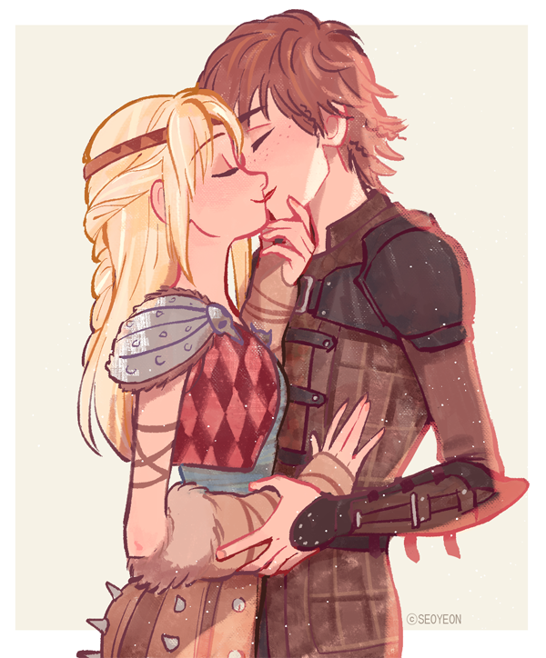 1boy 1girl armor artist_name astrid_hofferson blonde_hair border brown_hair circlet closed_eyes couple from_side grabbing_another's_chin green_background hand_on_another's_chin hiccup_horrendous_haddock_iii how_to_train_your_dragon kilt kiss leather_armor long_hair pauldrons seoyeon short_hair shoulder_armor simple_background white_border