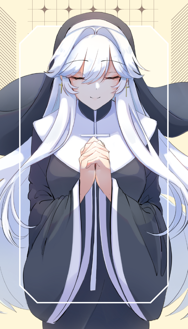 1girl black_robe border closed_eyes commentary cross cross_earrings earrings english_commentary habit hair_intakes jewelry long_hair nun original own_hands_clasped own_hands_together praying robe saint_udon smile solo udon-udon very_long_hair white_hair wide_sleeves