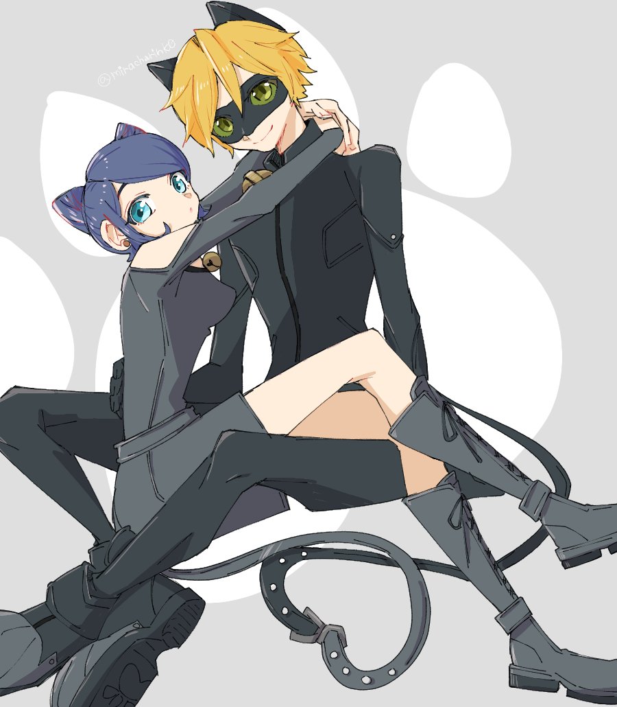 1boy 1girl adrien_agreste animal_ears bell black_bodysuit black_mask blonde_hair blue_eyes blue_hair bodysuit cat_boy cat_ears chat_noir closed_mouth jingle_bell looking_at_viewer marinette_dupain-cheng miracharink0 miraculous_ladybug short_hair sitting sitting_on_lap sitting_on_person slit_pupils smile superhero_costume