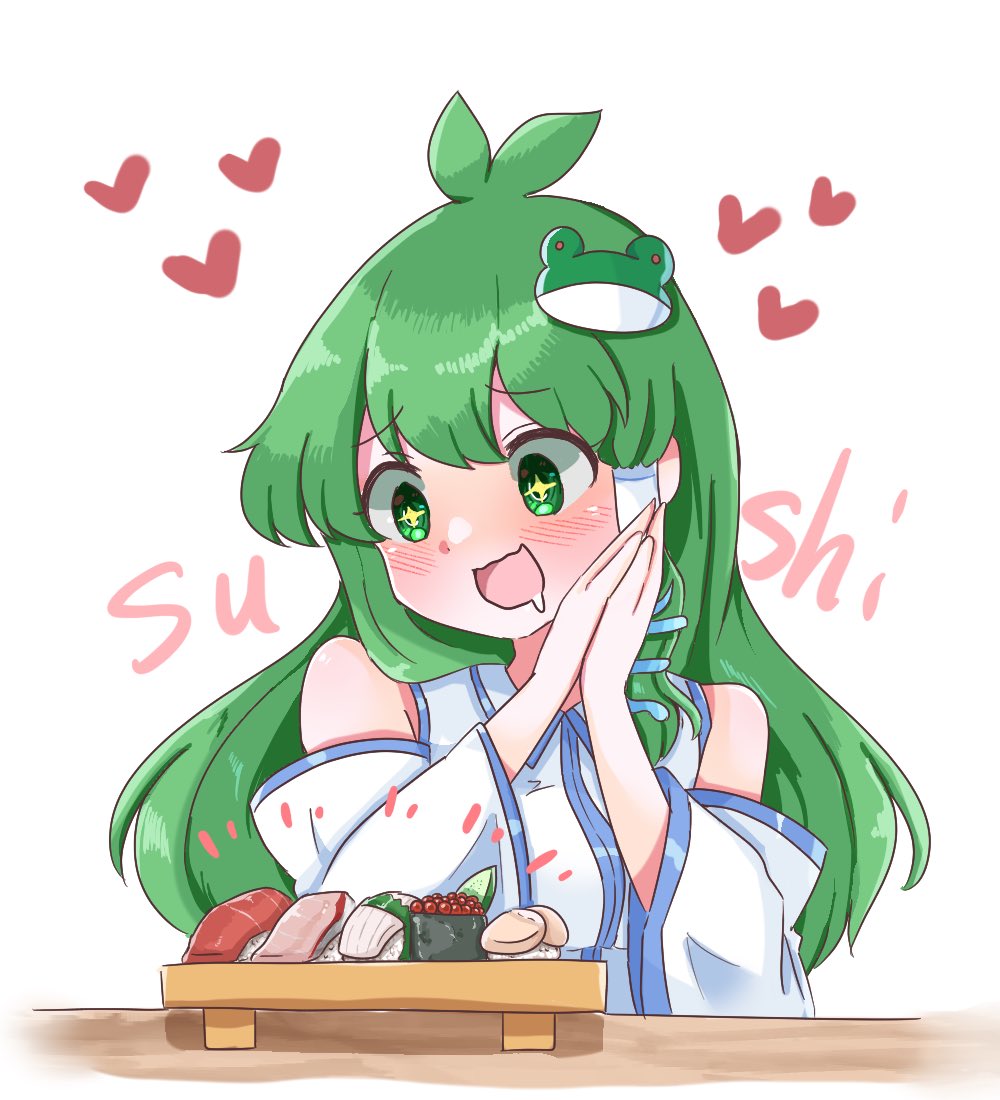 +_+ 1girl antenna_hair blush commentary_request detached_sleeves drooling emphasis_lines english_text food frog_hair_ornament green_eyes green_hair hair_ornament heart kochiya_sanae long_hair looking_at_food own_hands_together shirt simple_background single_hair_tube sleeveless sleeveless_shirt snake_hair_ornament sushi sushi_geta table tanikake_yoku touhou white_background white_shirt white_sleeves