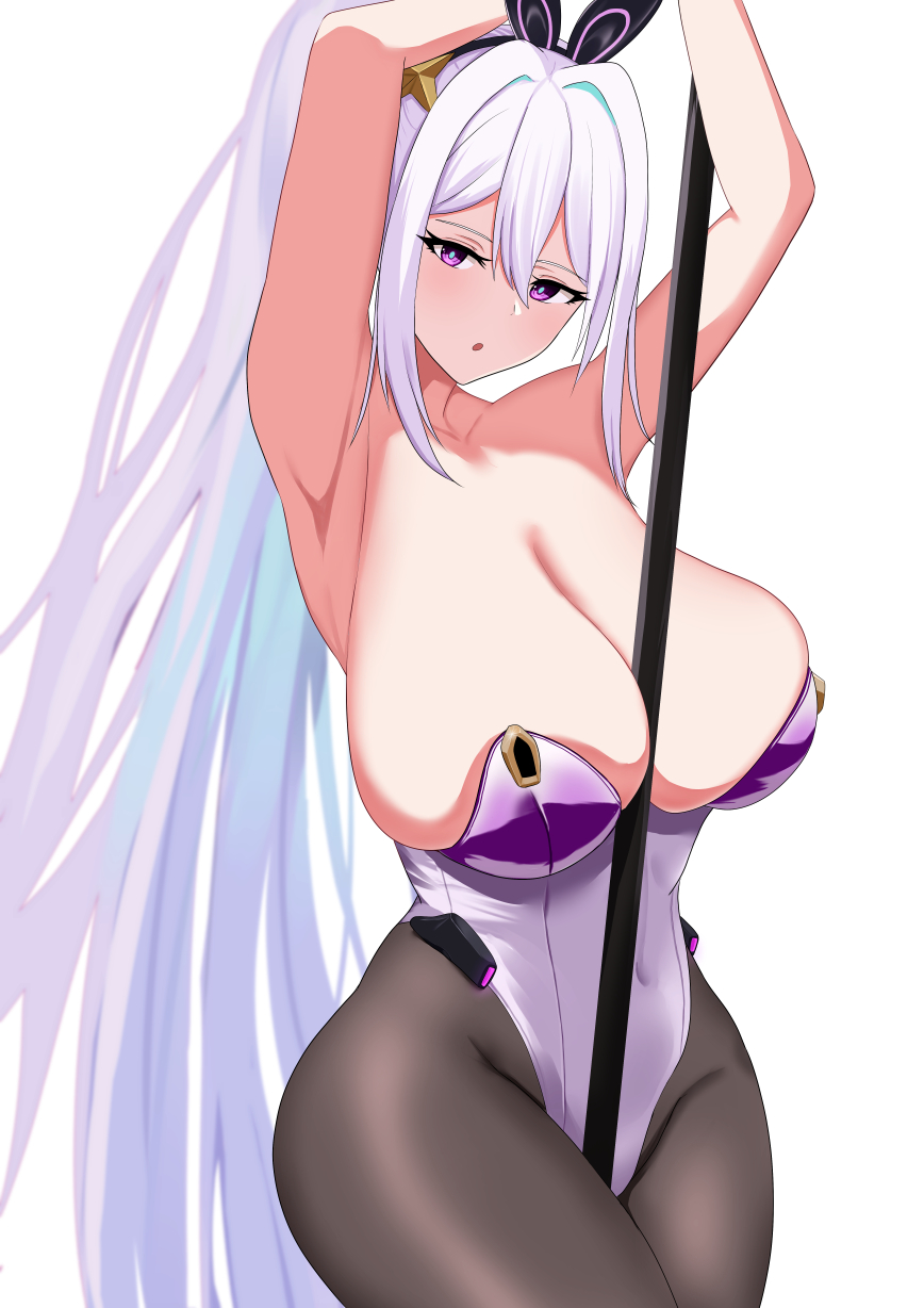 1girl animal_ears aqua_pupils armpits arms_up azur_lane between_breasts black_pantyhose breasts cleavage covered_navel fake_animal_ears highleg highleg_leotard highres kearsarge_(all_night_charge)_(azur_lane) kearsarge_(azur_lane) large_breasts leotard long_hair multicolored_leotard official_alternate_costume organ3432 pantyhose playboy_bunny pole ponytail purple_leotard rabbit strapless strapless_leotard stripper_pole two-tone_leotard undersized_breast_cup white_background white_hair
