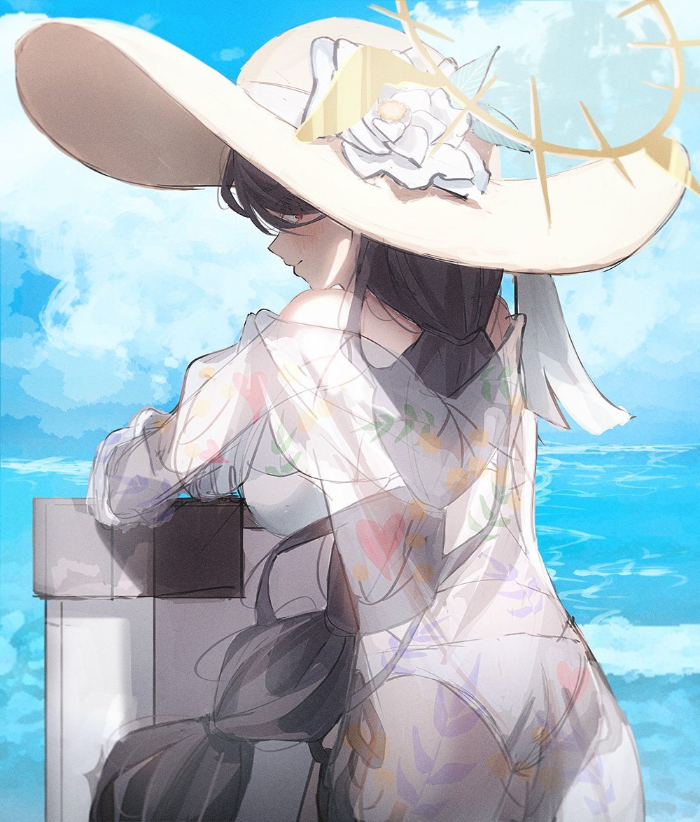 1girl black_hair blue_archive blush braid breasts closed_mouth cowboy_shot day halo hat hinata_(blue_archive) hinata_(swimsuit)_(blue_archive) jacket kangshi large_breasts long_hair long_sleeves ocean official_alternate_costume one-piece_swimsuit outdoors red_eyes see-through see-through_jacket single_braid solo straw_hat swimsuit white_one-piece_swimsuit yellow_halo