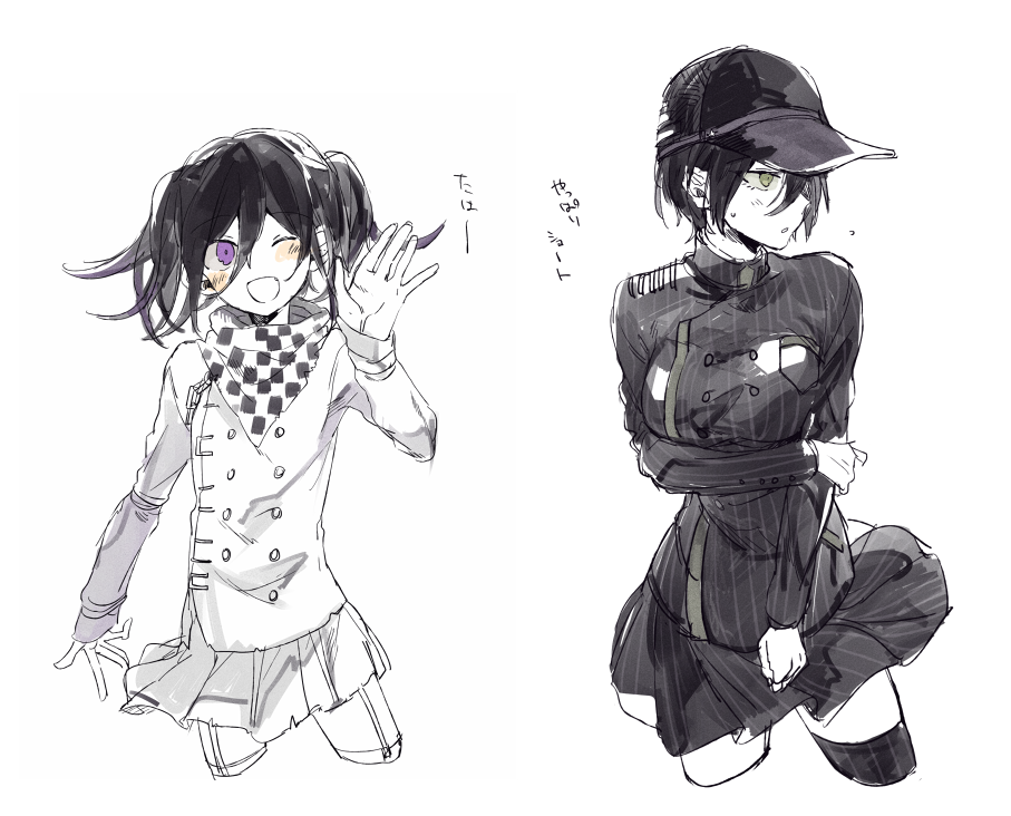 ._(deepblue27) 2girls arm_belt arm_under_breasts baseball_cap belt black_hair black_hat black_jacket black_scarf black_skirt black_sleeves black_thighhighs breasts buttons chain checkered_clothes checkered_scarf clenched_hand clenched_teeth collared_jacket collared_shirt commentary_request cropped_legs danganronpa_(series) danganronpa_v3:_killing_harmony double-breasted eyelashes flying_sweatdrops genderswap genderswap_(mtf) hair_between_eyes hair_over_one_eye hand_up hat high_collar holding_own_arm jacket large_breasts layered_sleeves light_blush microscope multiple_girls oma_kokichi one-eyed open_mouth parted_lips pinstripe_jacket pinstripe_pattern pinstripe_skirt pleated_skirt pocket purple_eyes ribbed_legwear saihara_shuichi scarf shirt short_hair short_twintails simple_background single_thighhigh skirt skirt_set smile sweatdrop teeth thighhighs twintails two-tone_scarf vertical-striped_sleeves waving white_background white_belt white_jacket white_scarf white_shirt white_skirt white_sleeves white_thighhighs yellow_eyes