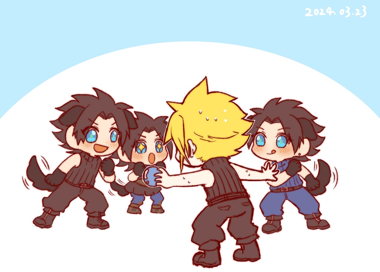 4boys :o age_progression animal_ears animal_hands arms_up ball belt black_belt black_footwear black_gloves black_hair black_pants black_sweater blonde_hair blue_background blue_eyes blue_pants blue_sweater blush boots chibi cloud_strife commentary crisis_core_final_fantasy_vii dated dog_boy dog_ears dog_tail earrings facing_away final_fantasy final_fantasy_vii full_body gloves hands_up happy holding holding_ball jewelry kemonomimi_mode kingdom_hearts kingdom_hearts_birth_by_sleep leaning_forward linothorax lll777777lll meme multiple_belts multiple_boys open_mouth pants parted_bangs prattkeeping_(meme) short_hair simple_background sleeveless sleeveless_sweater sleeveless_turtleneck smile sparkling_eyes spiked_hair standing stud_earrings sweat sweater tail tail_wagging tongue tongue_out turtleneck turtleneck_sweater white_background zack_fair