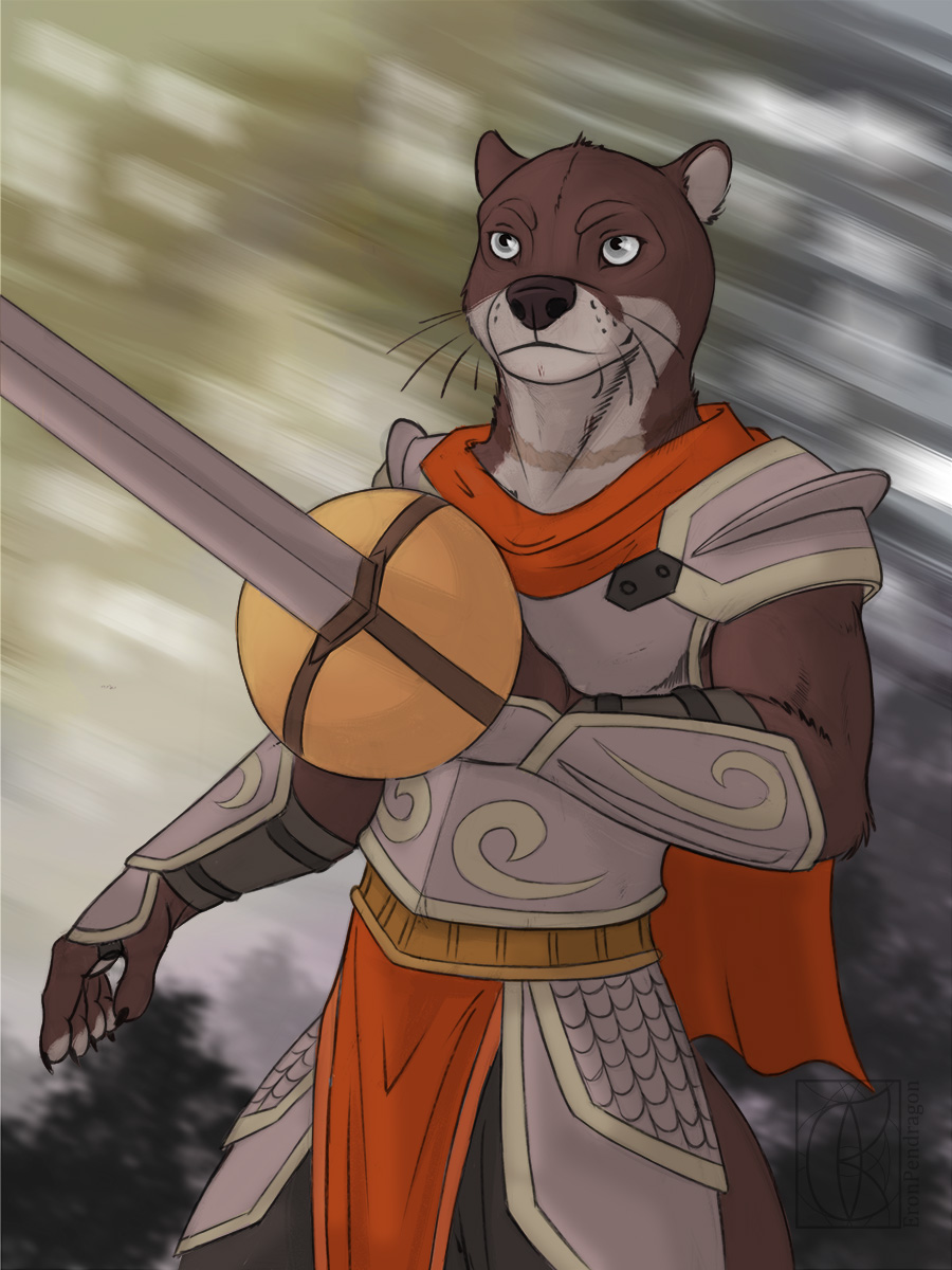 2024 5_fingers anthro armor black_nose bracers brown_body brown_fur claws clothed clothing finger_claws fingers fur hi_res humanoid_hands male mammal melee_weapon mustelid otter signature solo solokhoniir sword weapon