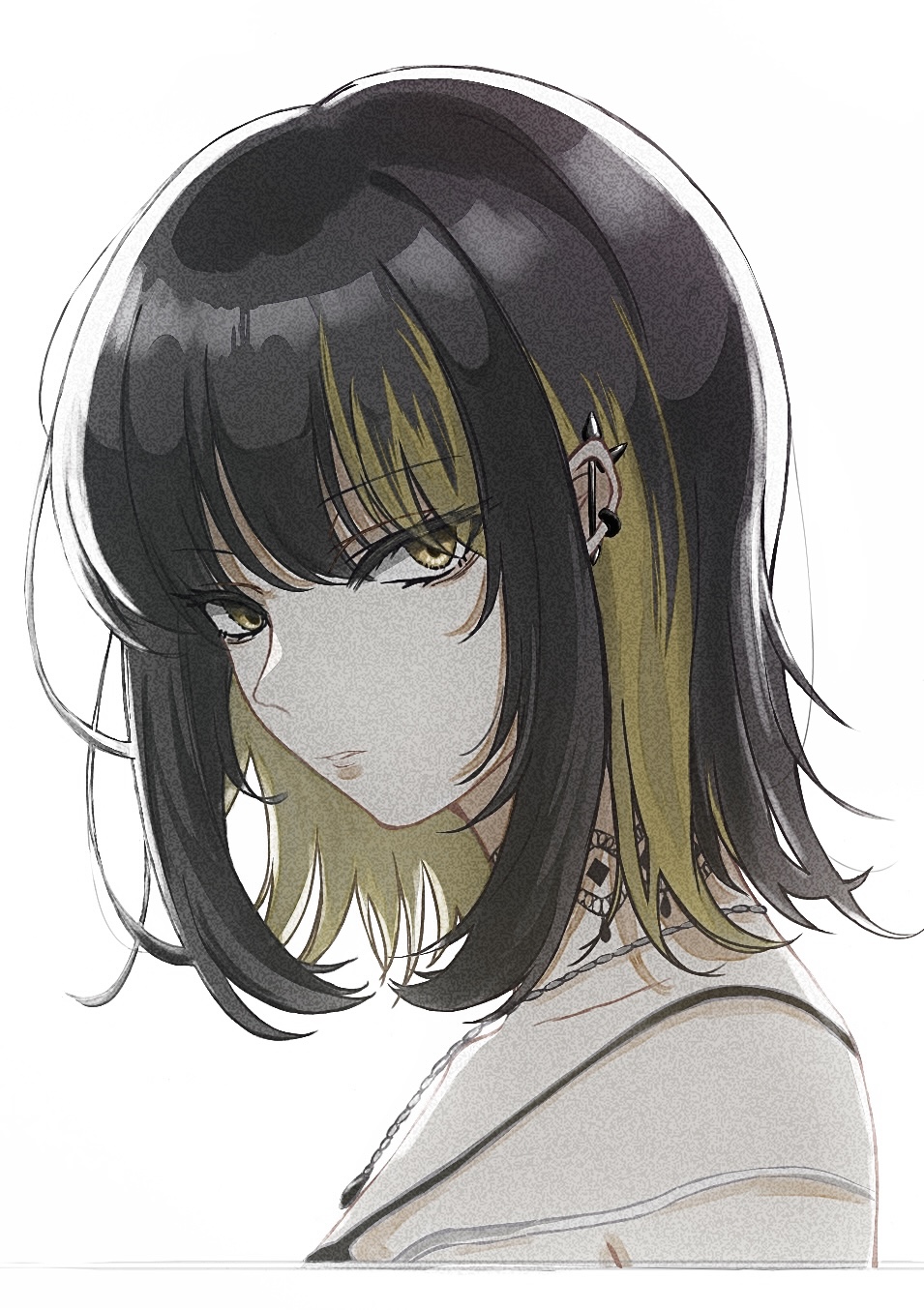 1girl bags_under_eyes black_hair blonde_hair cropped_torso ear_piercing expressionless highres idolmaster idolmaster_shiny_colors ikaruga_luca looking_at_viewer looking_to_the_side multicolored_hair nao_(rddy7288) piercing portrait simple_background solo strap_slip streaked_hair two-tone_hair white_background