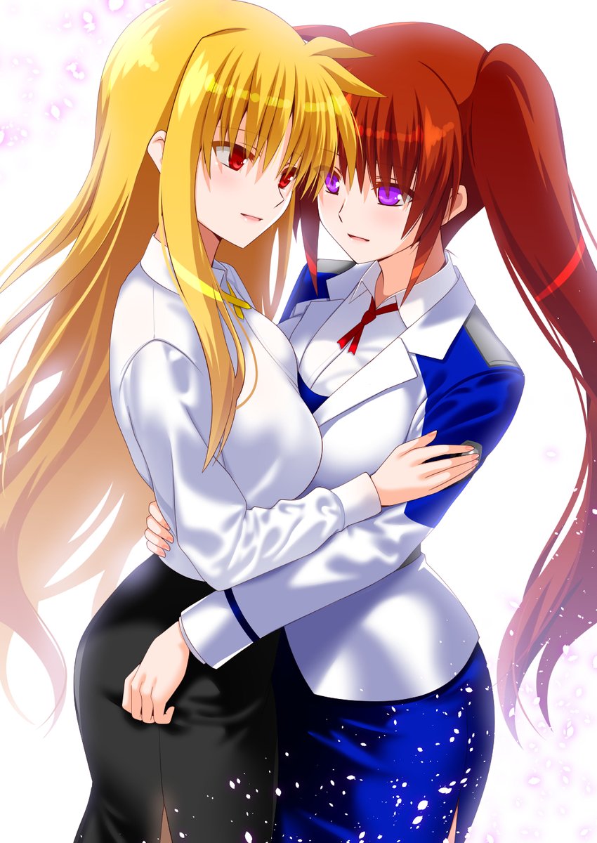 2girls black_skirt blonde_hair blue_skirt blush breasts brown_hair engo_(aquawatery) fate_testarossa highres hug large_breasts long_hair looking_at_another lyrical_nanoha mahou_shoujo_lyrical_nanoha_strikers military_uniform miniskirt multiple_girls open_mouth purple_eyes red_eyes side_ponytail simple_background skirt smile takamachi_nanoha tsab_air_military_uniform tsab_executive_military_uniform uniform white_background yuri