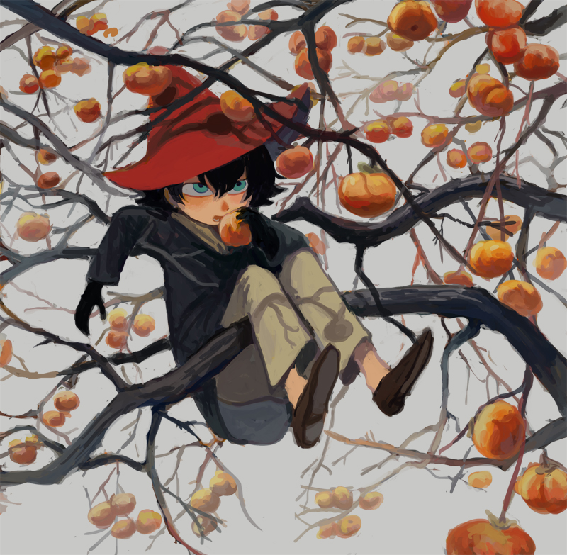 1boy black_gloves black_hair black_jacket branch brown_footwear commentary_request food fruit full_body gloves grey_background holding holding_food holding_fruit in_tree jacket joxter long_sleeves looking_at_viewer male_focus moomin open_mouth pants peach red_hat shoe_soles shoes short_hair sokoko solo tree