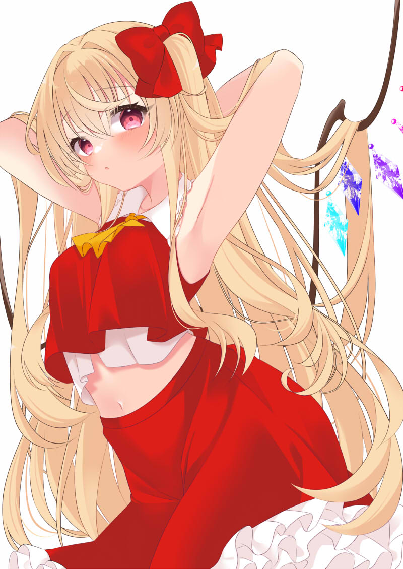 1girl alternate_hair_length alternate_hairstyle armpits arms_behind_head ascot bow commentary_request crystal flandre_scarlet hair_bow long_hair looking_at_viewer midriff navel red_bow red_eyes red_shirt red_skirt shirt simple_background skirt solo tosakaoil touhou very_long_hair white_background wings yellow_ascot