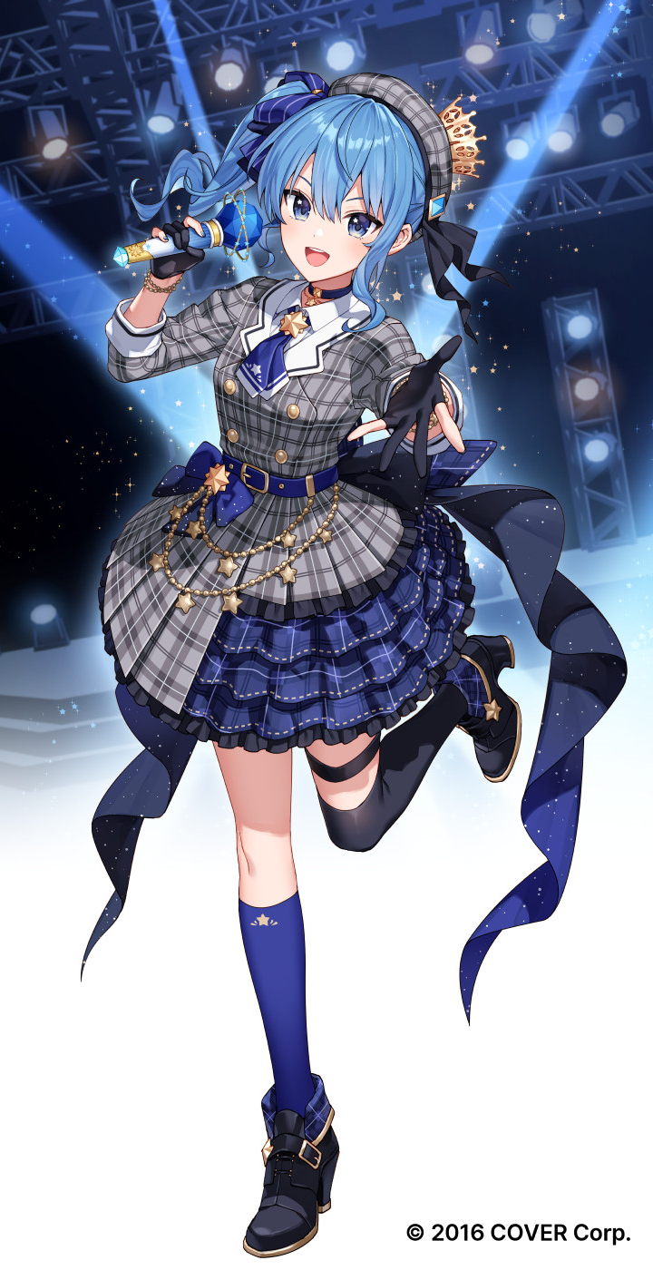 1girl asymmetrical_legwear black_choker black_footwear black_gloves black_thighhighs blue_eyes blue_hair blue_socks brooch choker commentary_request crown gloves grey_jacket grey_skirt highres holding holding_microphone hololive hoshimachi_suisei hoshimachi_suisei_(1st_costume) idol jacket jewelry looking_at_viewer microphone mini_crown nardack partially_fingerless_gloves plaid plaid_jacket plaid_skirt pleated_skirt side_ponytail skirt smile socks solo spotlight stage star_brooch thighhighs virtual_youtuber