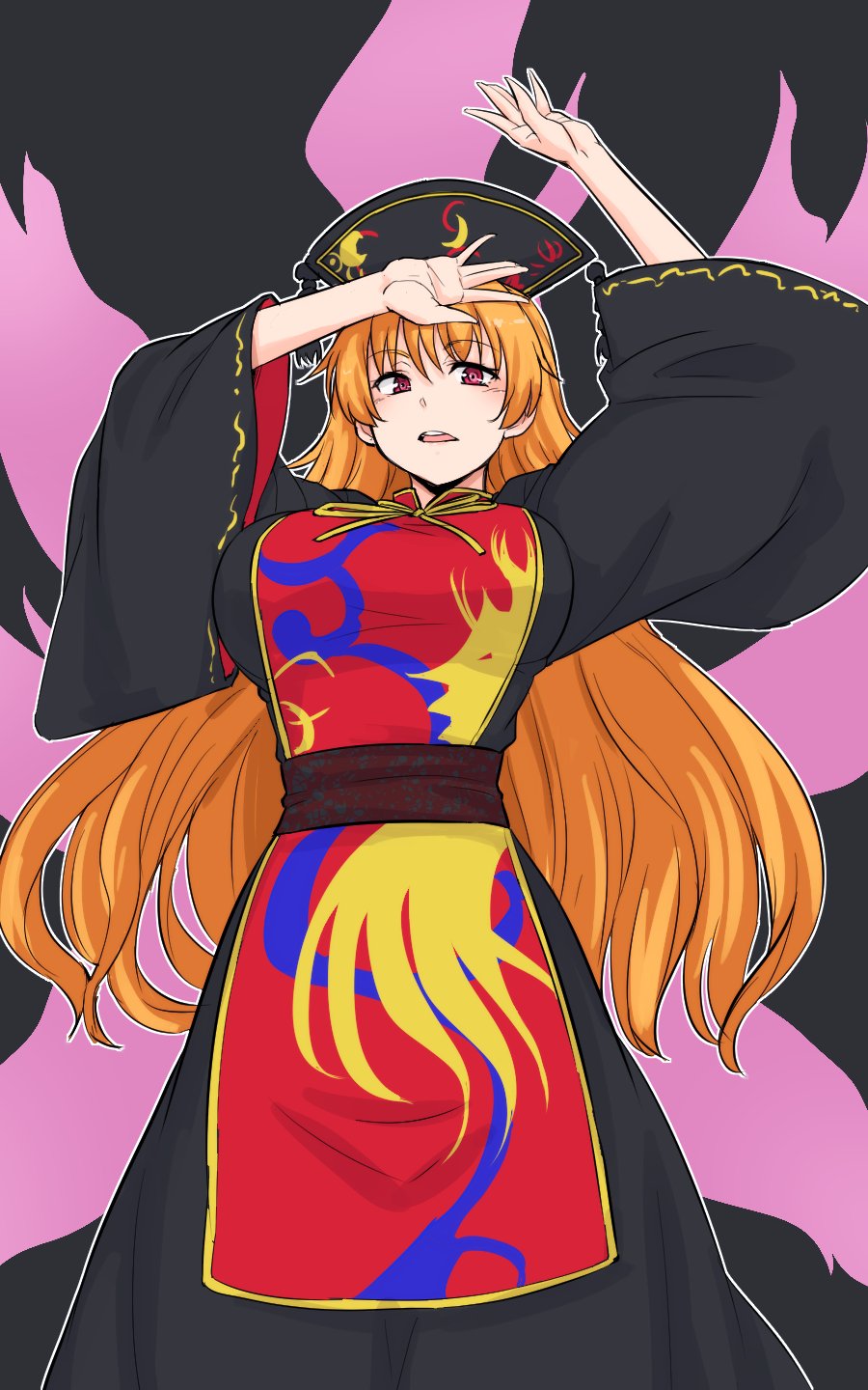 1girl black_background black_dress breasts commentary dress headdress highres junko_(touhou) kakone large_breasts long_hair long_sleeves looking_at_viewer one-hour_drawing_challenge open_mouth orange_hair red_eyes simple_background solo tabard teeth touhou upper_teeth_only wide_sleeves