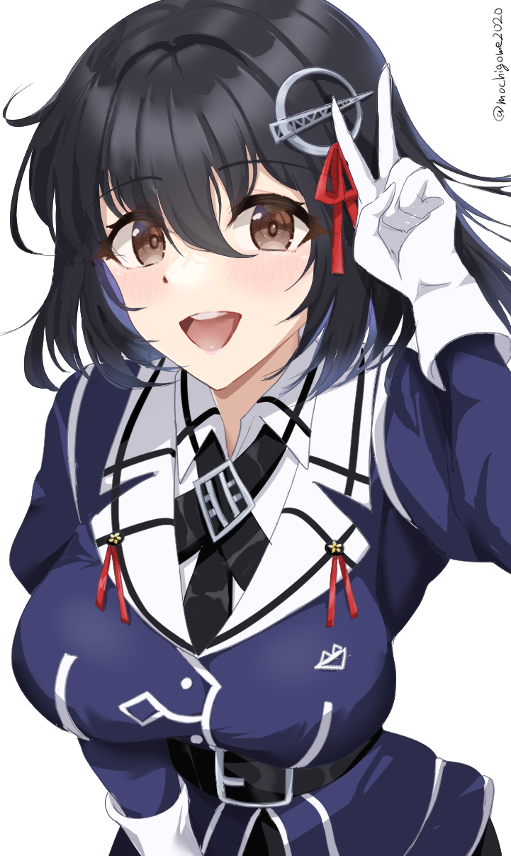 1girl black_hair black_skirt blush breasts brown_eyes chamumi_(mochiumee) gloves haguro_(kancolle) haguro_kai_ni_(kancolle) hair_ornament highres jacket kantai_collection large_breasts long_sleeves looking_at_viewer military military_uniform neckerchief open_mouth pencil_skirt purple_jacket short_hair simple_background skirt smile solo twitter_username uniform upper_body v white_background white_gloves